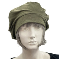 Cotton Beret, Summer Hats Women, Khaki Green front view Handmade USA