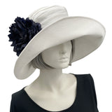 Wide Brim Hat Women, White Linen Hat with Large Black Peony Flower Brooch,  Wedding and Kentucky Derby Hat, Handmade in the USA