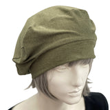 Cotton Beret, Summer Hats Women, Khaki Green top view Handmade USA