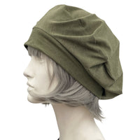 Cotton Beret, Summer Hats Women, Khaki Green , side view Handmade USA