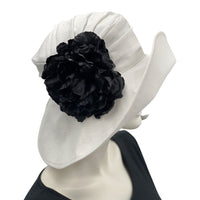 Wide Brim Hat Women, White Linen Hat with Large Black Peony Flower Brooch,  Wedding and Kentucky Derby Hat, Handmade in the USA