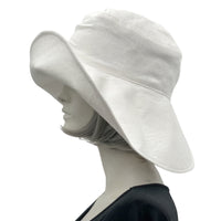White Linen derby hat for women plain side view - modeled on a hat mannequin Boston Millinery USA