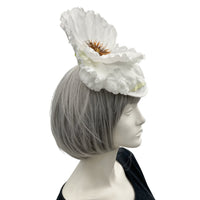 White Kentucky Derby Hat, Large Poppy Flower Fascinator with Crystal Stamen, Flower Headband, side view