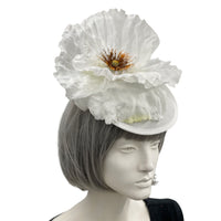 White Kentucky Derby Hat, Large Poppy Flower Fascinator with Crystal Stamen, Flower Headband, Handmade in the USA