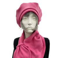 Rose Pink Fleece Beret Hats Women with Matching Scarf, Mothers Day Gift, Handmade USA