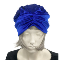 Modern turban in royal blue stretch velvet handmade in the USA Boston Millinery
