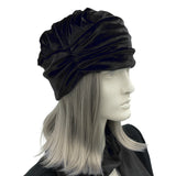 Modern turban in black stretch velvet handmade in the USA Boston Millinery