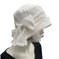 Cloche Hat Women, White Linen Hat for Weddings and Garden Parties, White Chiffon Scarf, Custom Hats Handmade in the USA