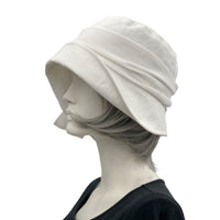Cloche Hat Women, White Linen Hat for Weddings and Garden Parties, White Chiffon Scarf, Custom Hats Handmade in the USA