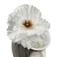 White Kentucky Derby Hat, Large Poppy Flower Fascinator with Crystal Stamen, front view
