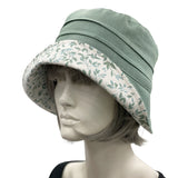 Sage Green Cloche Hat, Women Summer Hats, Linen Hat with Leaf Print Cotton and Small Bow, Handmade in the USA