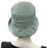 Sage Green Cloche Hat, Women Summer Hats, Linen Hat with Leaf Print Cotton and Small Bow, Handmade in the USA