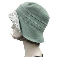 Sage Green Cloche Hat, Women Summer Hats, Linen Hat with Leaf Print Cotton and Small Bow, Handmade in the USA