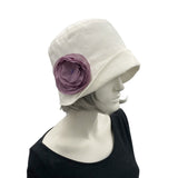 Cloche Hat, Womens Summer Hats, 1920s Hat in Off White Linen with Chiffon Rose Brooch,Handmade in the USA