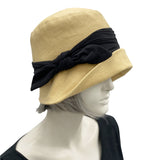 Linen Cloche, Women Summer Hats, Golden Yellow with Black Band and Bow, or Choose Your Color, 1920s Vintage Style, Handmade in the USA