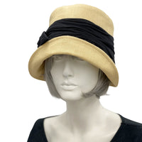 Linen Cloche, Women Summer Hats, Golden Yellow with Black Band and Bow, or Choose Your Color, 1920s Vintage Style, Handmade in the USA