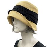 Linen Cloche, Women Summer Hats, Golden Yellow with Black Band and Bow, or Choose Your Color, 1920s Vintage Style, Handmade in the USA