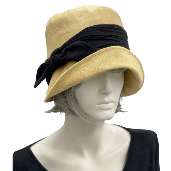 Linen Cloche, Women Summer Hats, Golden Yellow with Black Band and Bow, or Choose Your Color, 1920s Vintage Style, Handmade in the USA