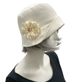 Linen Cloche, Summer Cloche Hats, Cream 1920s Hat with Ribbon Daisy Brooch, Jazz age Lawn Party and Tea Party Hat, Handmade in the USA