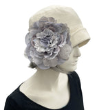 1920s Cloche Hat, Handmade in Cream Linen with a Large Gray Peony Flower Brooch, Women Summer Hats, Made in USA