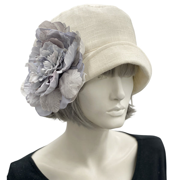 1920s Cloche Hat, Handmade in Cream Linen with a Large Gray Peony Flower Brooch, Women Summer Hats, Made in USA