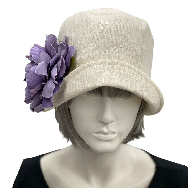 Cloche Hat, Cream Linen 1920s Hat with Large Purple Peony Brooch, Jazz Age Wedding Hat, Handmade in the USA