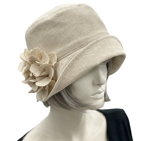 1920s Cloche Hat, Linen Cloche with Hydrangea Brooch, Women Summer Hats, Tea Party Hat, Unique Quality Hats Handmade in the USA