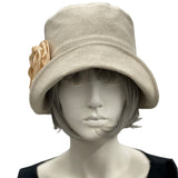 Flapper Hat, Linen Cloche, Women Summer Hats, Beige Linen Hat with Satin Flower Brooch, Vintage Style 1920s Hat, Handmade in the USA