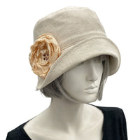 Flapper Hat, Linen Cloche, Women Summer Hats, Beige Linen Hat with Satin Flower Brooch, Vintage Style 1920s Hat, Handmade in the USA