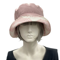 Summer Cloche Hats in Dusky Pink Linen with Pink and White Contrast Brim,  front view