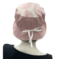 Summer Cloche Hats in Dusky Pink Linen with Pink and White Contrast Brim, Adjustable Handmade in the USA Rear view showing adjustable ribbon