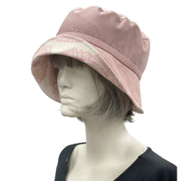 Summer Cloche Hats in Dusky Pink Linen with Pink and White Contrast Brim, Adjustable Handmade in the USA
