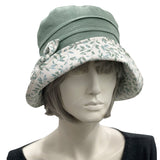 Sage Green Cloche Hat, Women Summer Hats, Linen Hat with Leaf Print Cotton and Small Bow, Handmade in the USA