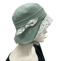 Sage Green Cloche Hat, Women Summer Hats, Linen Hat with Leaf Print Cotton and Small Bow, Handmade in the USA