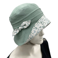 Sage Green Cloche Hat, Women Summer Hats, Linen Hat with Leaf Print Cotton and Small Bow, Handmade in the USA