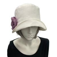 Cloche Hat, Womens Summer Hats, 1920s Hat in Off White Linen with Chiffon Rose Brooch,Handmade in the USA