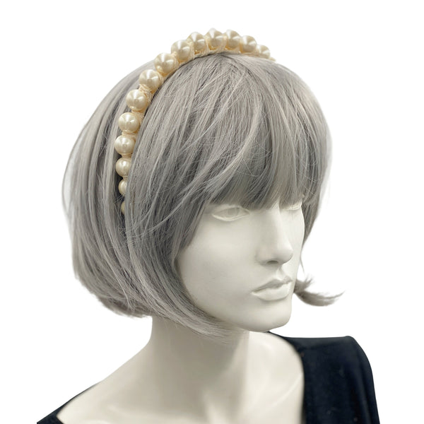 Pearl Headband for Women, Cream Pearl and Lace Wrapped Metal Headband, Hair Accessories Wedding Guest, Handmade in the USA