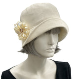 Linen Cloche, Summer Cloche Hats, Cream 1920s Hat with Ribbon Daisy Brooch, Jazz age Lawn Party and Tea Party Hat, Handmade in the USA