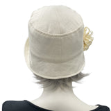 Linen Cloche, Summer Cloche Hats, Cream 1920s Hat with Ribbon Daisy Brooch, Jazz age Lawn Party and Tea Party Hat, Handmade in the USA