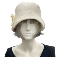 Linen Cloche, Summer Cloche Hats, Cream 1920s Hat with Ribbon Daisy Brooch, Jazz age Lawn Party and Tea Party Hat, Handmade in the USA