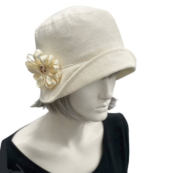 Linen Cloche, Summer Cloche Hats, Cream 1920s Hat with Ribbon Daisy Brooch, Jazz age Lawn Party and Tea Party Hat, Handmade in the USA