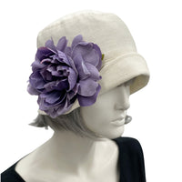 Cloche Hat, Cream Linen 1920s Hat with Large Purple Peony Brooch, Jazz Age Wedding Hat, Handmade in the USA