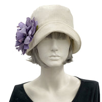Cloche Hat, Cream Linen 1920s Hat with Large Purple Peony Brooch, Jazz Age Wedding Hat, Handmade in the USA