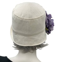 Cloche Hat, Cream Linen 1920s Hat with Large Purple Peony Brooch, Jazz Age Wedding Hat, Handmade in the USA