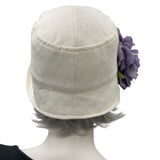 Cloche Hat, Cream Linen 1920s Hat with Large Purple Peony Brooch, Jazz Age Wedding Hat, Handmade in the USA