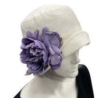 Cloche Hat, Cream Linen 1920s Hat with Large Purple Peony Brooch, Jazz Age Wedding Hat, Handmade in the USA