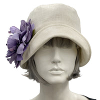 Cloche Hat, Cream Linen 1920s Hat with Large Purple Peony Brooch, Jazz Age Wedding Hat, Handmade in the USA