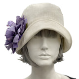 Cloche Hat, Cream Linen 1920s Hat with Large Purple Peony Brooch, Jazz Age Wedding Hat, Handmade in the USA
