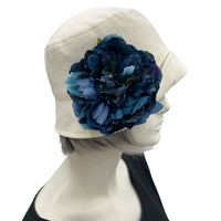 Linen Cloche, 1920s Vintage Style, Cream Linen with Large Blue Peony Brooch, Bridal Shower and Occasion Hat, Handmade in the USA