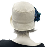 Linen Cloche, 1920s Vintage Style, Cream Linen with Large Blue Peony Brooch, Bridal Shower and Occasion Hat, Handmade in the USA